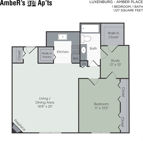 Floor plan for 1 bed, 1 bath, 1127 sqft